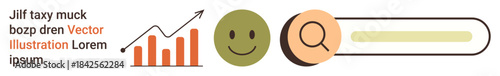 Data visualization, online search, analytics tools, happiness, user interface, business growth. Vector art with chart, green happy search bar. Data visualization and online search concept