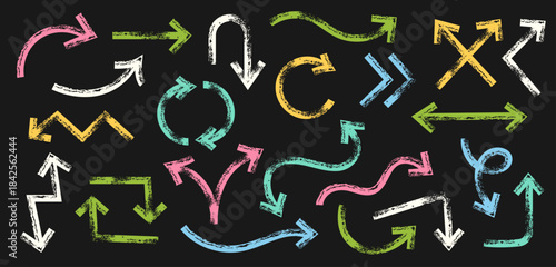 Hand Drawn Colorful Chalk and Crayon Arrows Set - Bold Doodle Direction Signs and Symbols