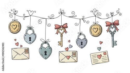 Love Letter Garland: A garland of romantic elements, including love letters, heart-shaped locks, and keys, forming a sweet message of love, perfect for Valentine's Day or expressing affection. 