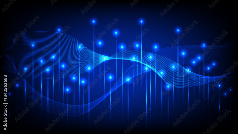 Fototapeta premium Glowing blue light points and flowing wave lines create a modern, futuristic tech background ideal for digital and innovation themes