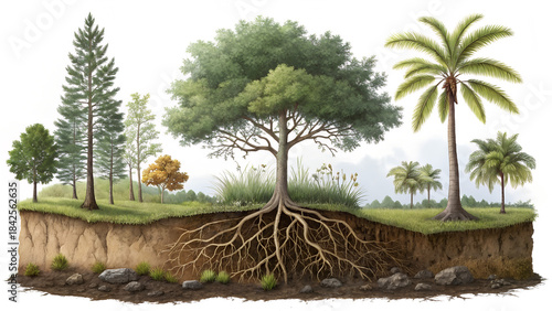 Underground Network Intertwined Roots: Magical Realism Cross-Section of Soil, Light, and Diverse Trees