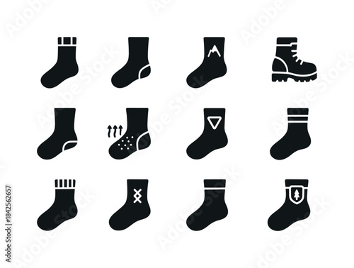 Outdoor Hiking Socks Icons. Outdoor hiking socks. Solid icon set