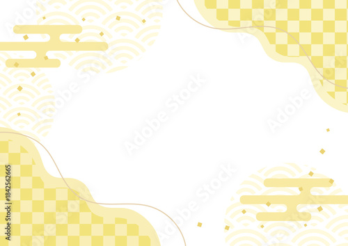 正月や年賀状の和柄の背景イラスト、和風のデザインのフレーム、金色