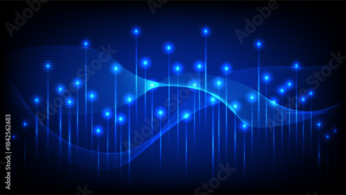 Glowing blue light points and flowing wave lines create a modern, futuristic tech background ideal for digital and innovation themes