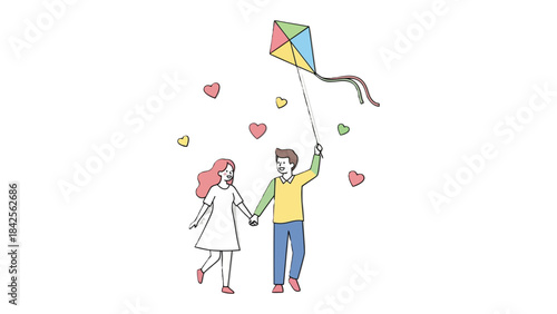 Love and Kite Flight: A sketch illustrates a couple hand in hand, joyfully flying a vibrant kite amidst a gentle shower of hearts, a symbolic celebration of love, freedom, and the lightness of spirit.
