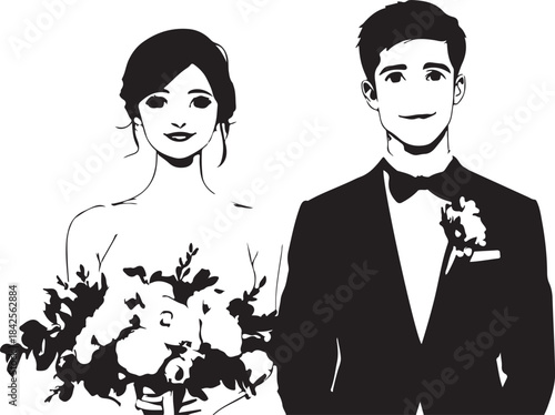 Elegant black silhouette vector illustration of a bride and groom embracing with vintage romance and love