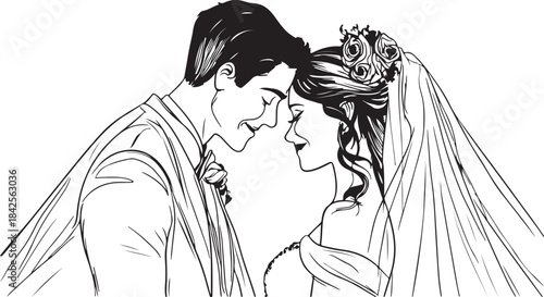 Silhouette vector drawing illustration of a bride and groom couple in love with a wedding dress fashion sketch