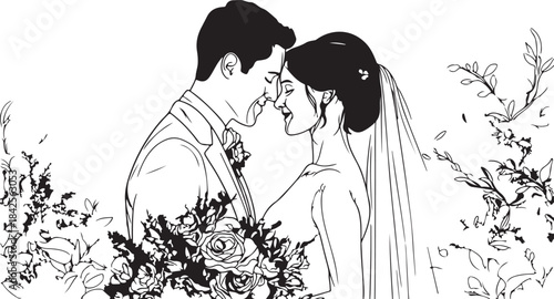 Silhouette of a girl with a dog in a wedding dress, symbolizing love and happiness