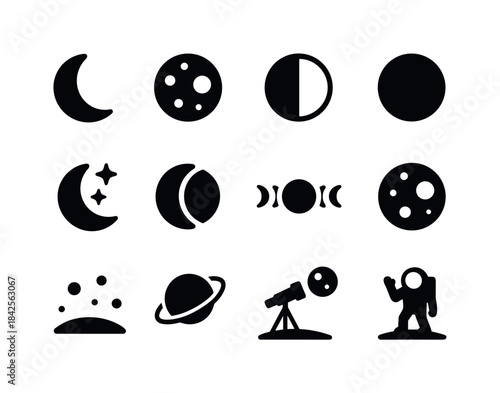 Lunar Icon Set. Moon. Solid icon set of Moon: crescent moon, ful