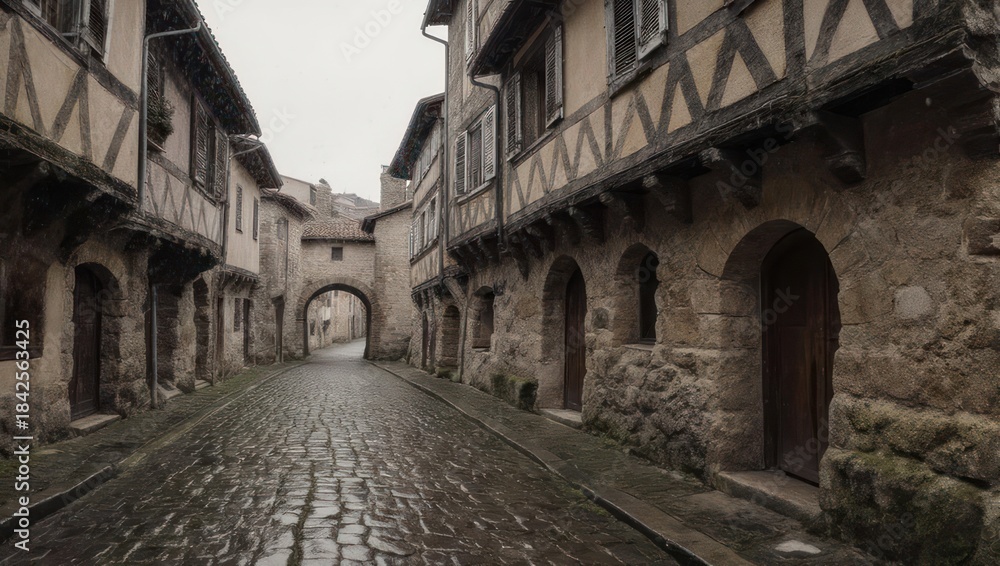 Fototapeta premium Ancient Cobblestone Street Winding Through a Historic European Village with Timber-Framed Buildings.