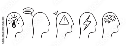 Minimalistic heads, hand drawn symbol set brain bulb mind, intelligent, sketch avatar idea cognitive, learning vector icon