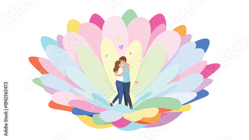 Love's Embrace: a couple shares a warm embrace, nestled within a vibrant, multicolored flower, the image capturing love's essence and the beauty of connection.