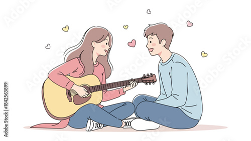 Serenade of Affection: A young woman strums a melody on her acoustic guitar, captivating her companion with a serenade of love, framed by tender hearts. 