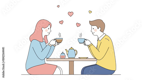 Tea Date in Love: An intimate tea date unfolds between a man and a woman. The image illustrates a romantic moment filled with tenderness, appreciation, and hearts floating.