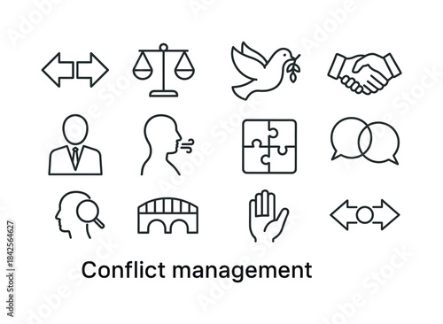 Conflict Resolution Icons. Conflict management. Line icon set of