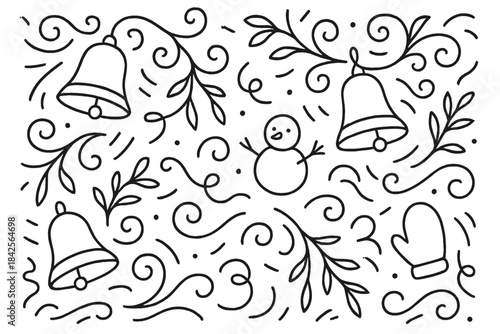 Festive winter pattern featuring bells, a snowman, and mittens surrounded by swirling vines