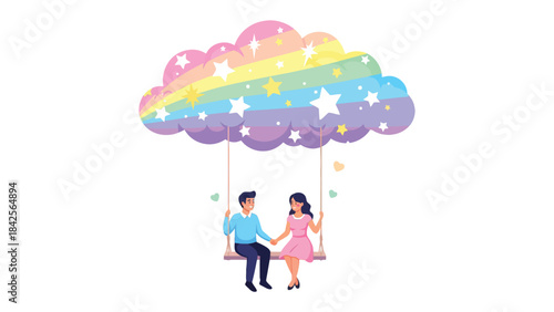 Dreamy Duo on a Rainbow Swing: A romantic couple swings beneath a whimsical rainbow cloud filled with stars, symbolizing love, dreams, and joyful moments.