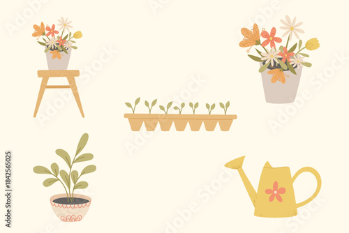 Spring gardening illustration set with potted flowers watering can seedlings tray and cozy floral decor