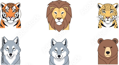 Collection of six stylized animal faces including a tiger, lion, leopard, two wolves, and a bear, isolated on white.