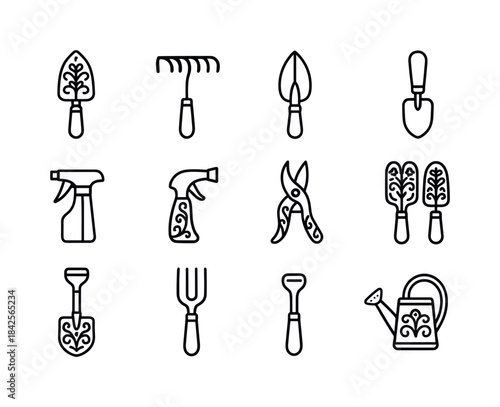 Stylish Garden Icons. Stylish garden tools. Line icon set of Sty