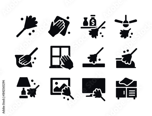 Dusting Tools Icon Set. Dusting tasks. Solid icon set of dusting