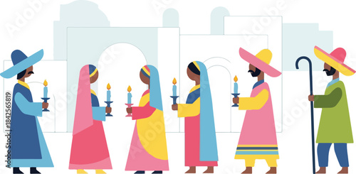 A vibrant illustration depicting a traditional procession with people in colorful attire holding lit candles, possibly a Las Posadas celebration.