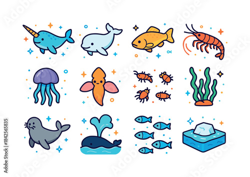 Arctic Sea Life Icons. Arctic sea life. Colorful isometric vecto