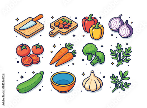 Colorful Veggie Prep Icons. vegetable cooking prep. Colorful iso