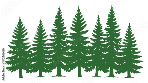 A simple green silhouette of pine trees lined up against a white background