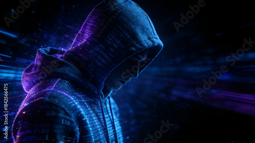 Cyberpunk dark web hacker, neon code surrounded hoodie hacker