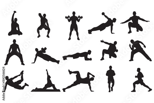 Fitness Silhouette Bundle Male & Female Workout Gym Yoga Exercise Vector Set