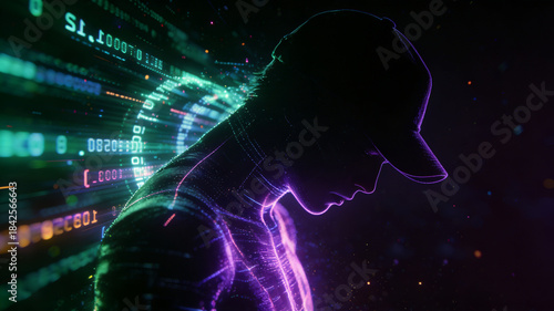 Cyberpunk dark web hacker, neon code surrounded hoodie hacker