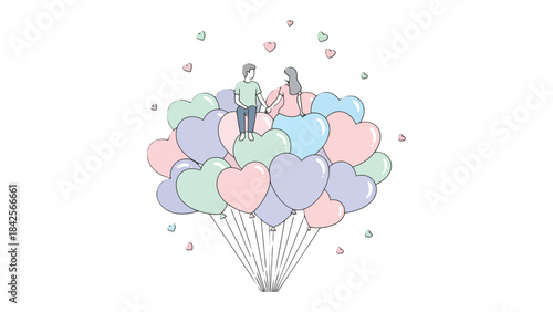 Love's Ascent:  A loving couple ascends among a cluster of heart-shaped balloons, their bond symbolized by their intertwined hands and surrounded by floating heart confetti.