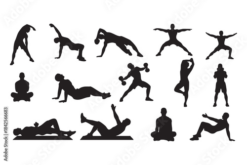 Fitness Silhouette Bundle Male & Female Workout Gym Yoga Exercise Vector Set