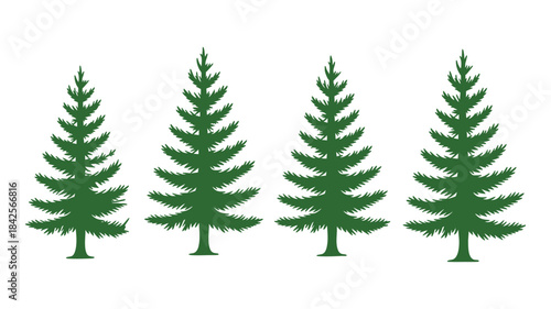 A simple illustration of four identical stylized evergreen trees lined up horizontally
