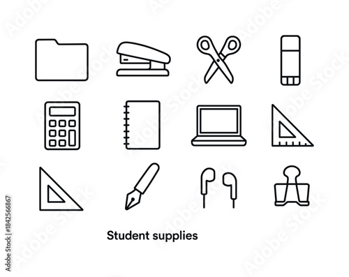 Student Supplies Icons. Student supplies. Line icon set of stude