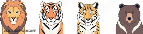 Four cartoon animal heads featuring a lion, tiger, leopard, and bear in a row on a white background.