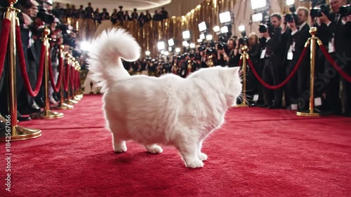 A fluffy white cat strolls confidently on a red carpet at an event.