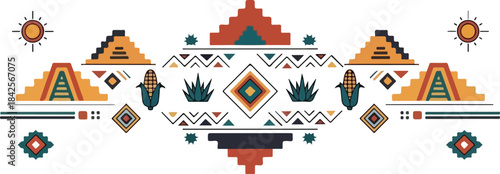 Vibrant Mesoamerican inspired geometric pattern with pyramids, suns, corn, and agave plants in an earthy color palette.