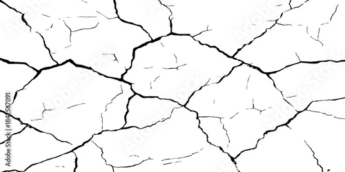 High-contrast cracked texture on a white background, featuring organic fracture lines and distressed surface details. Perfect for abstract backgrounds, grunge design, overlays, and artistic effects.