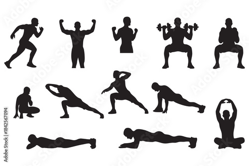 Fitness Silhouette Bundle Male & Female Workout Gym Yoga Exercise Vector Set