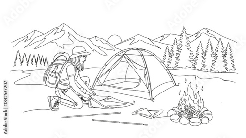 Close-Up Camping Line Art – Camper Setting Up a Tent Illustration