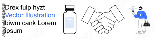 Business relationships, innovation, teamwork, healthcare, solutions, creativity. Handshake, bottle and person with a lightbulb. Business relationships and innovation concept