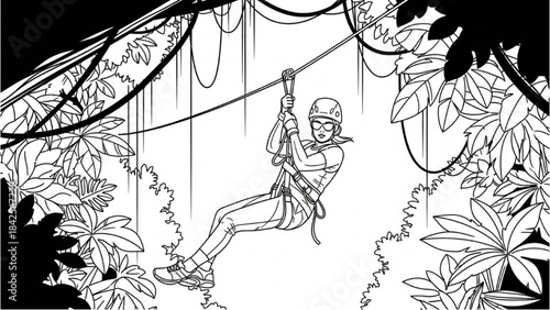 Traveler Zip-Lining Line Art – Jungle Canopy Adventure Illustration