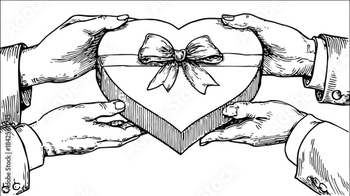 Vintage illustration of hands giving and receiving a heart-shaped gift box with a bow, symbolizing love, generosity, and sharing.