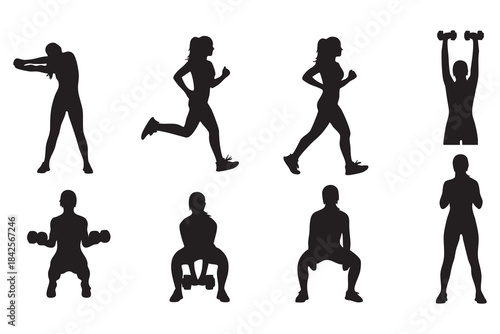 Fitness Silhouette Bundle Male & Female Workout Gym Yoga Exercise Vector Set