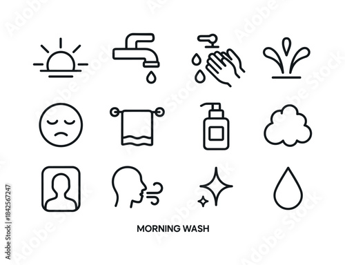 Morning Routine Icons. Morning wash. Line icon set of morning wa