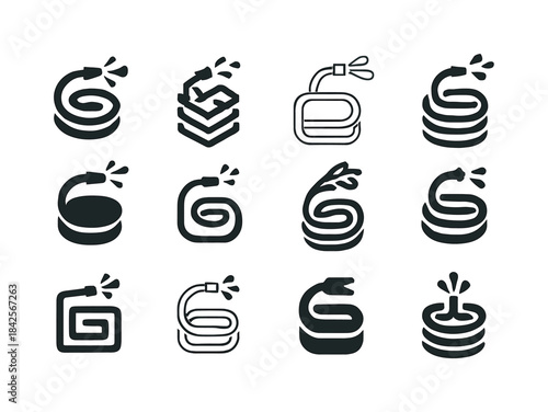 Garden Hose Logos. Playing with a Garden Hose. Icon set. Set Log
