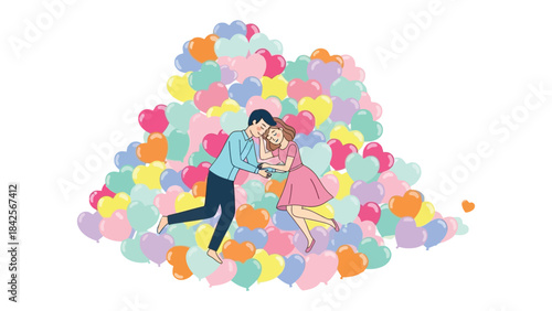 Love's Colorful Embrace: A tender couple shares a sweet moment amidst a cascade of heart-shaped balloons, symbolizing the joy and connection of a loving relationship.
