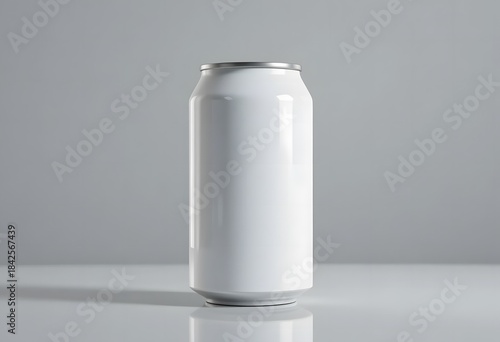 A plain white aluminum beverage can mockup standing upright on a reflective surface. 12 oz can mockup
